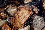 15.10.2010 Val Languard - Luftblasen und Rillen.<br />- Der kleine See bildet die Quelle des einen Baches, welcher lngs durch den obersten Teil des Val Languards fliet. Bereits im Oktober ganztags zugefroren, zeigt er hier am Ufer im durchsichtigen Eis groe wie auch allerkleinste Luftblasen im dreidimensionalen Miteinander. Schnurgerade Rillen zeugen von vergangenen Krften. Farbige und weie-graue Steine ruhen auf pechschwarzem Grund.